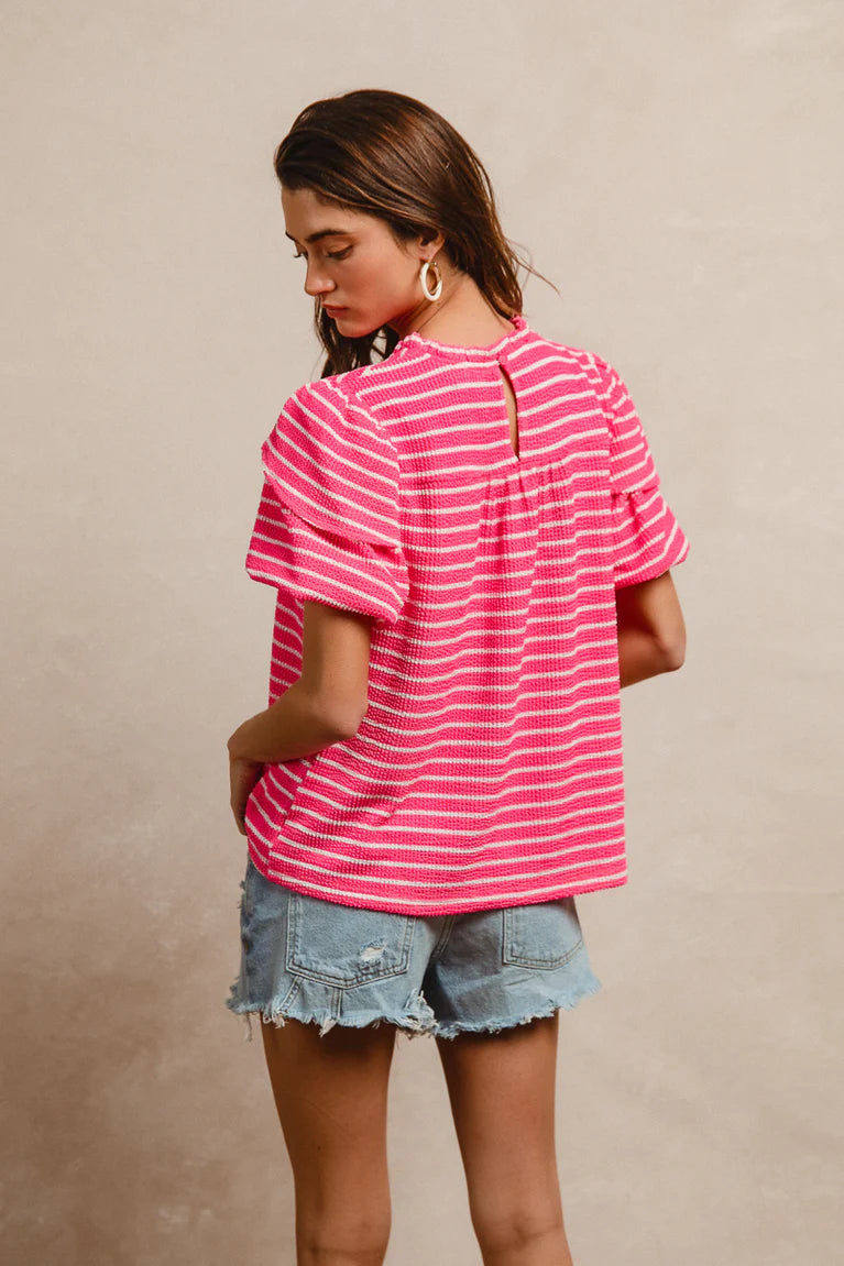 Neon Pink Striped Ruffled Neck Top