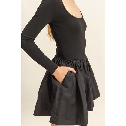 Black Mixed Fabric Skater Dress