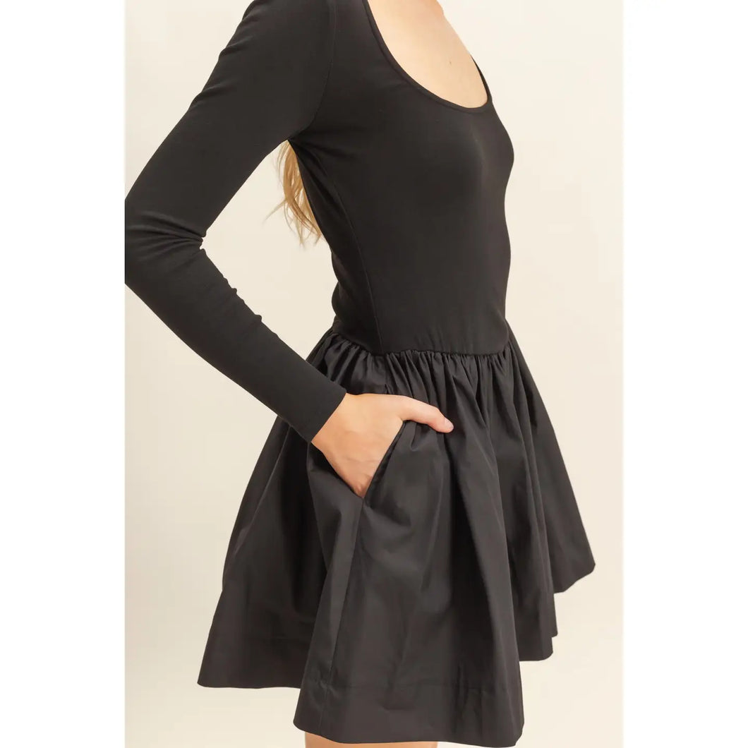 Black Mixed Fabric Skater Dress