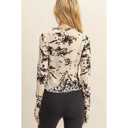 Long Sleeve Flocked Mesh Top
