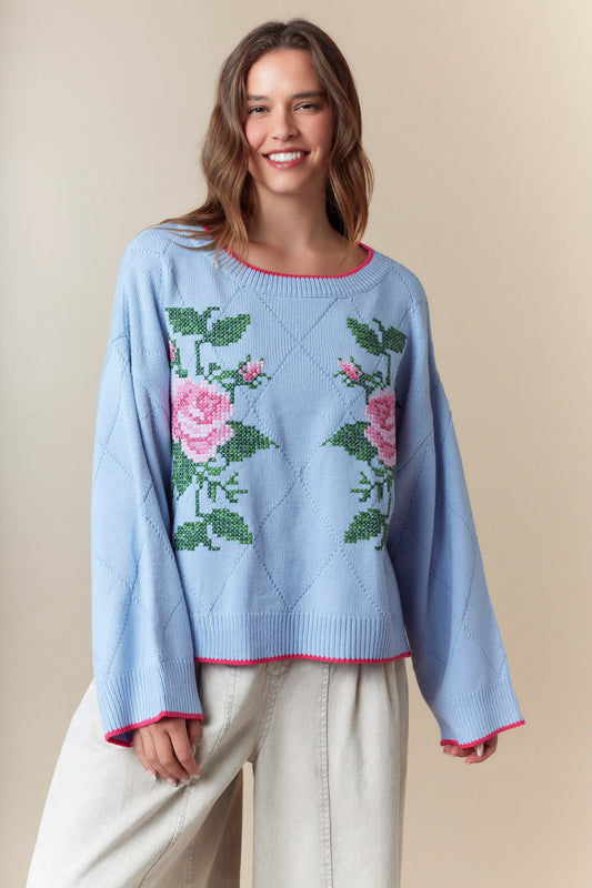 Rose Embroidered Jacquard Knit Sweater