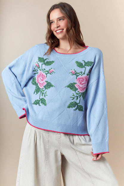 Rose Embroidered Jacquard Knit Sweater