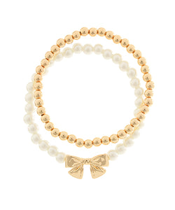 Gold Bow & Pearl Bracelet Set