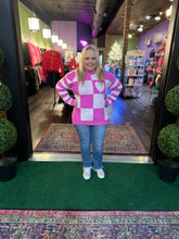 Load image into Gallery viewer, Fuchsia Checkered Sweater with hearts
