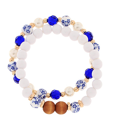 Blue & White Floral Beaded Bracelet Set
