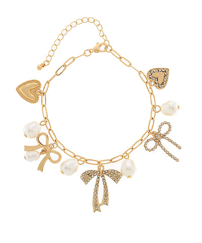 Gold Bow & Pearl Charm Bracelet