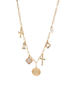 Coin, Pearl, & Cross Charm Necklace
