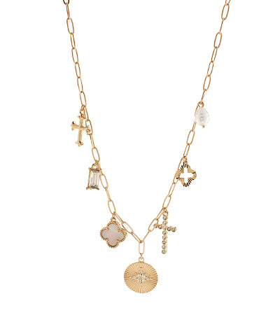 Coin, Pearl, & Cross Charm Necklace