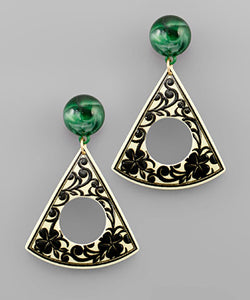 Green & Black Floral Triangle Earrings