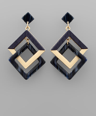 Navy Double Square Link Earrings