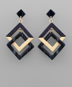 Navy Double Square Link Earrings