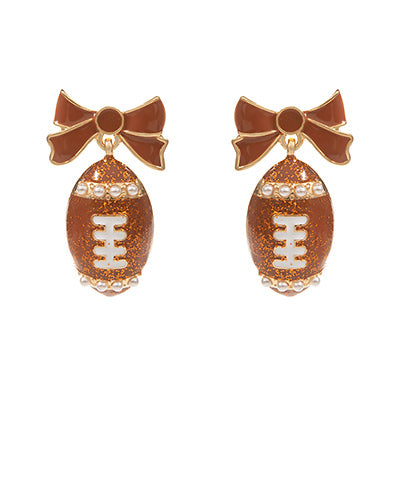Glittery Football & Bow Drop Earrings