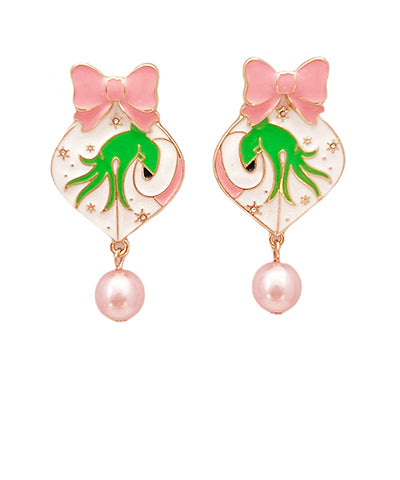 Pink Christmas Grinch Pearl Drop Earrings