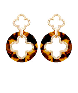 Tortoise & Gold Clover Disc Earrings