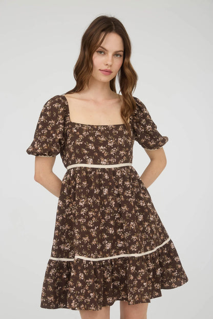 Brown Floral Puff Sleeve Dress