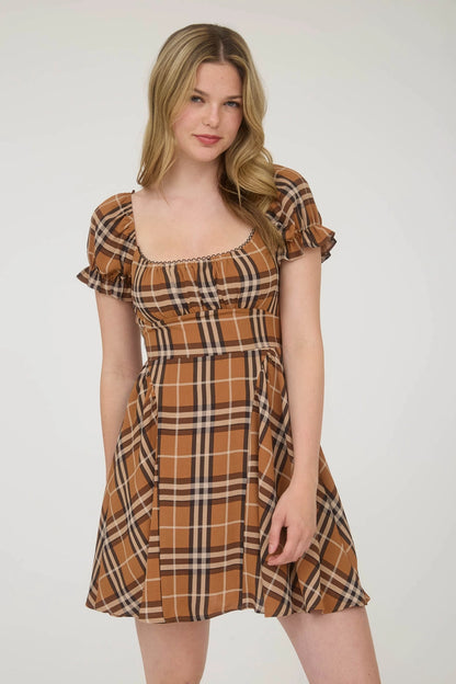 Brown Plaid Puff Sleeve Mini Dress
