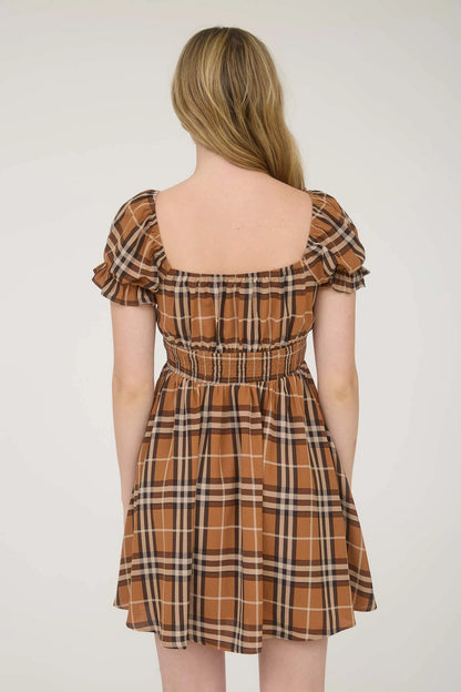 Brown Plaid Puff Sleeve Mini Dress