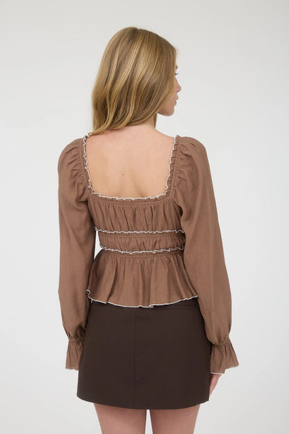 Contrast Bow Ruffled Long Sleeve Blouse