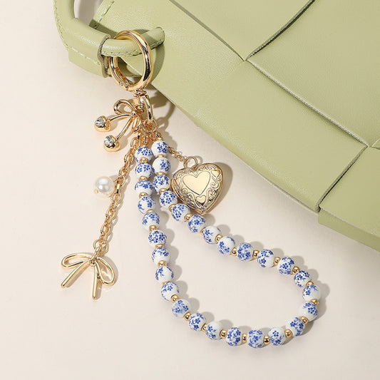 Heart Locket Floral Ceramic Ball Beaded Wristlet Keychain / Bag Charm