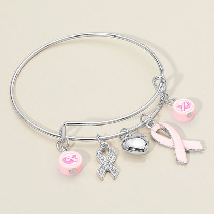 Pink Ribbon & Heart Charm Bangle Bracelets