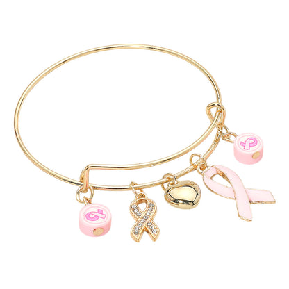 Pink Ribbon & Heart Charm Bangle Bracelets