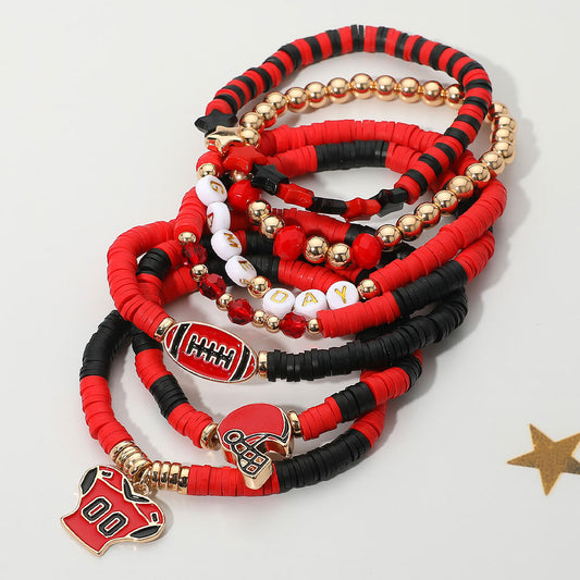 Red & Black Football Charm Bracelet Set