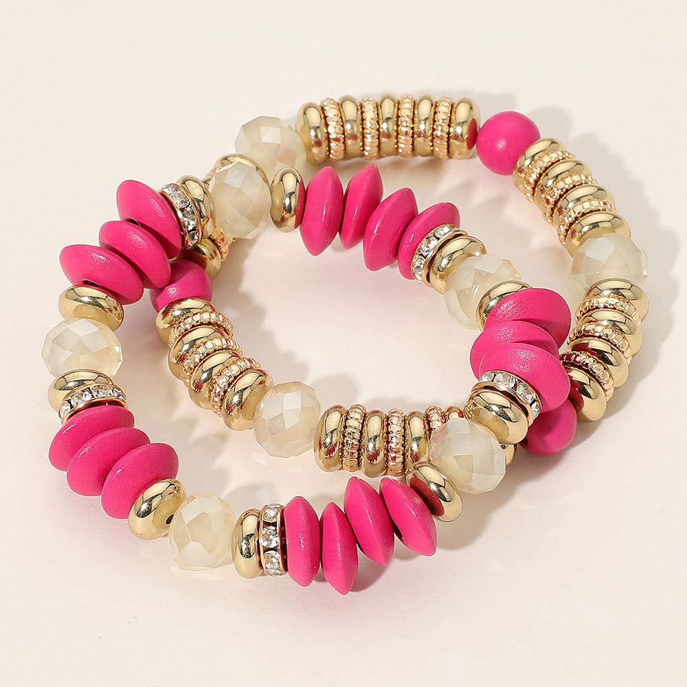 Fuchsia & Gold Beaded Bracelet Set