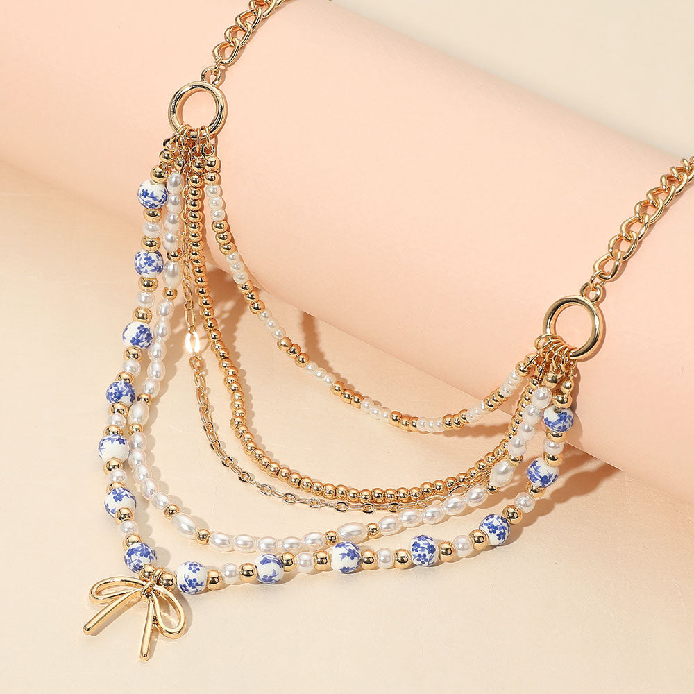 Bow Pendant Floral Ceramic Beaded Pearl Layered Necklace