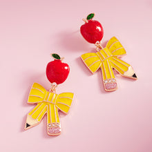 Load image into Gallery viewer, Apple &amp; Bow Pencil Dangle Earrings
