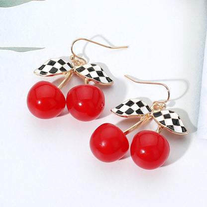 Retro Checkered Cherry Drop Earrings