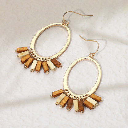 Gold Oval & Wooden Charm Dangle Earrings