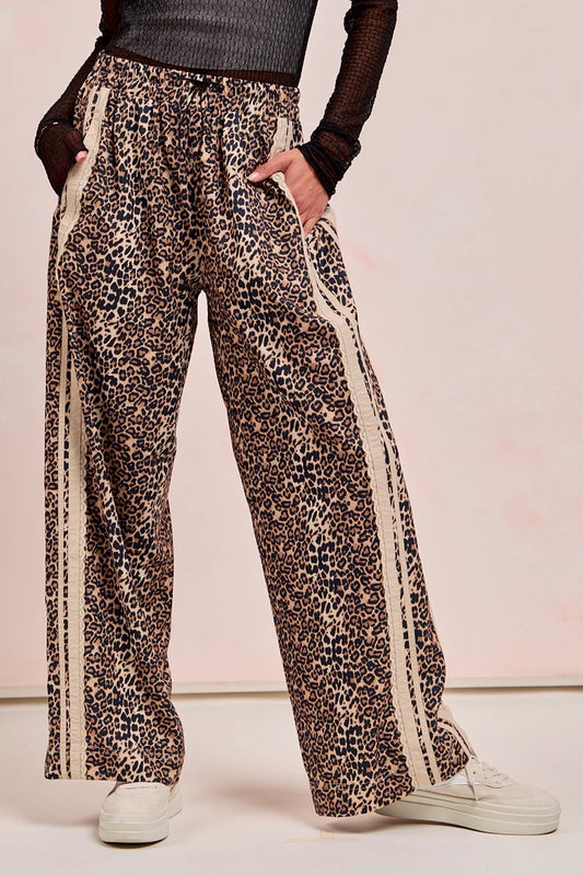 Leopard Track Pants w/ Side Contrast Lace