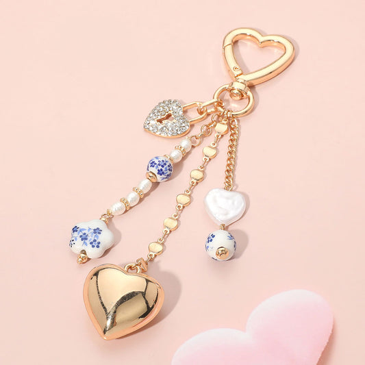 Floral Ceramic & Heart Lock Charm Drop Keychain / Bag Charm