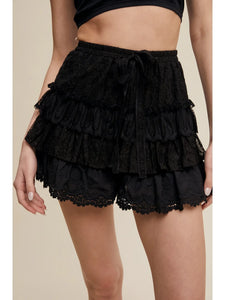 Black Lace Ruffle Tiered Shorts