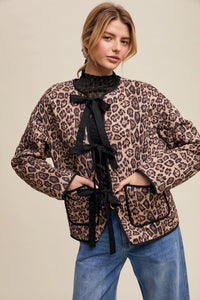 LeopardJacquard Bow-Tie Quilted Jacket