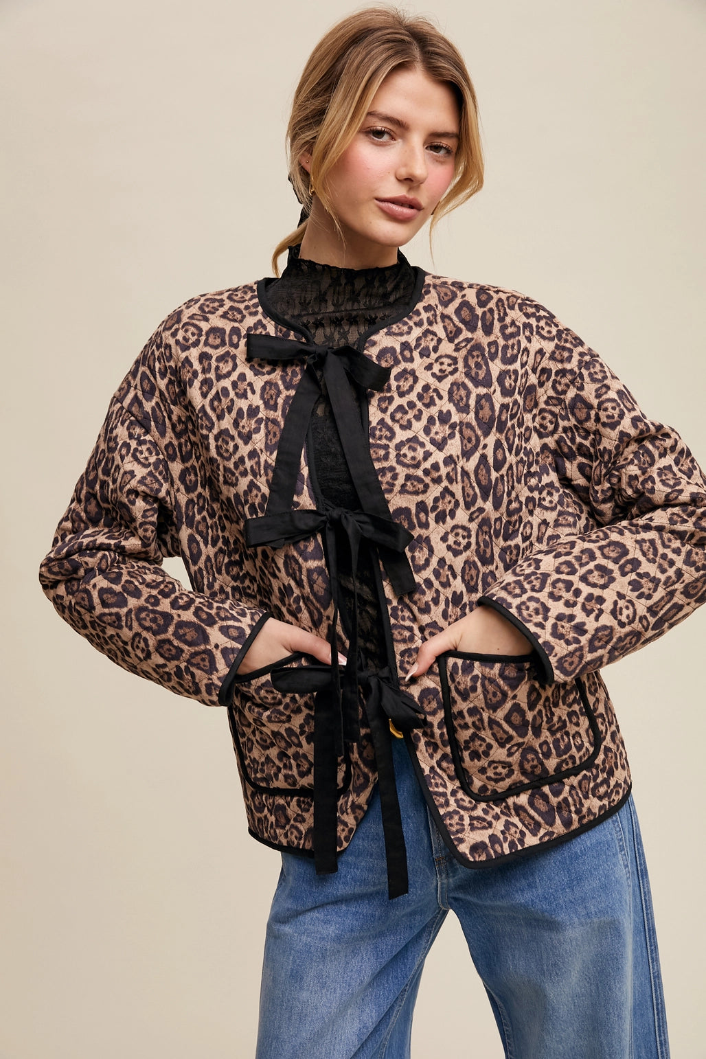 LeopardJacquard Bow-Tie Quilted Jacket