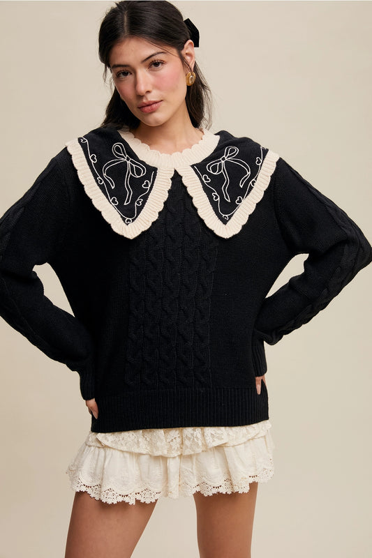 Black Bow Embroidered Cable Knit Sweater