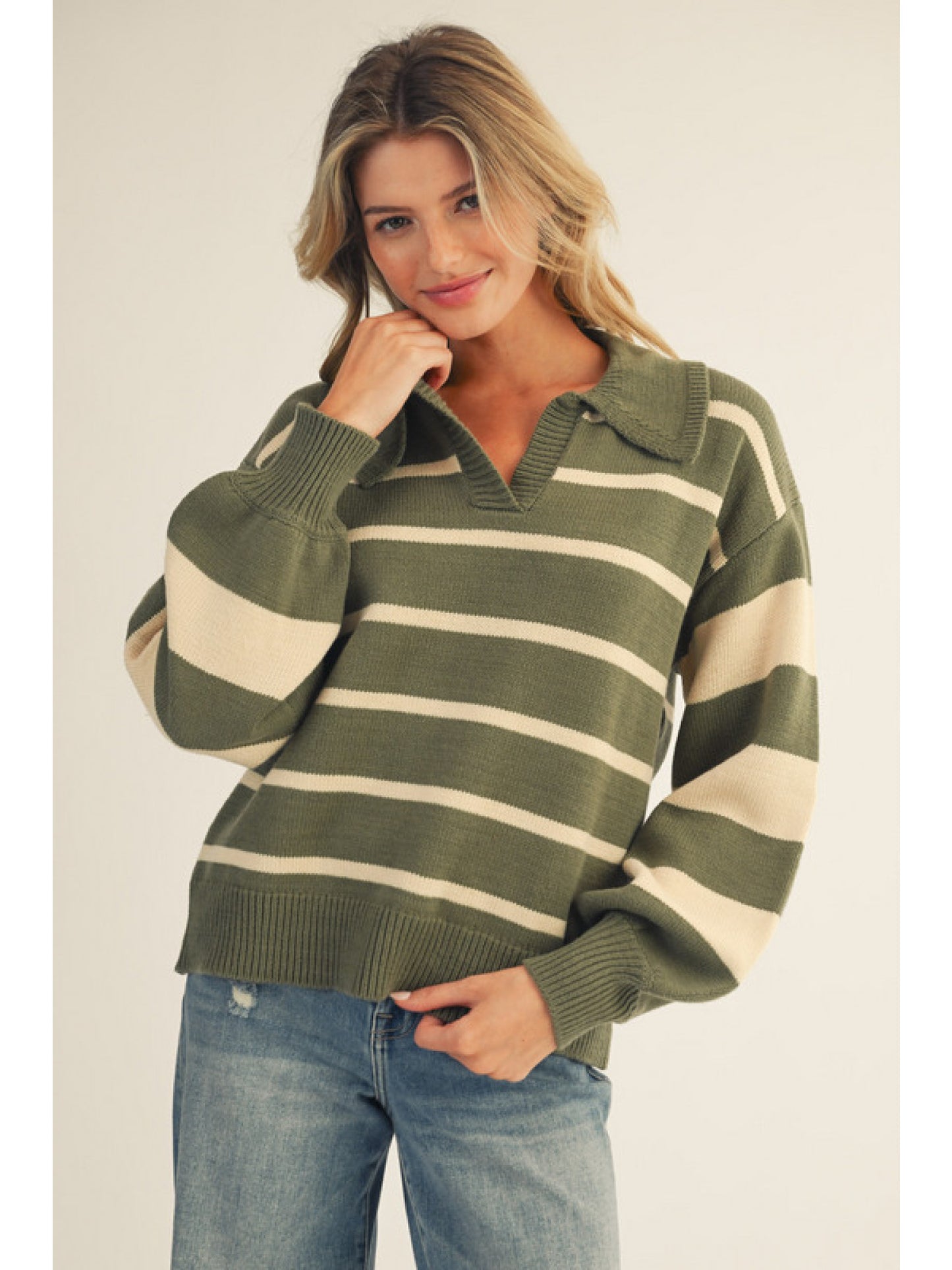 Olive Striped Polo Sweater