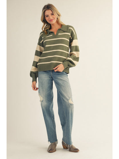 Olive Striped Polo Sweater