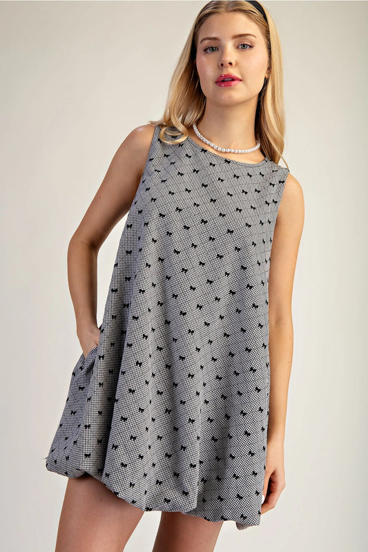 Black Ribbon Print Bubble Hem Mini Dress