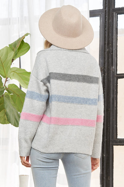 Grey Striped Collared Pullover
