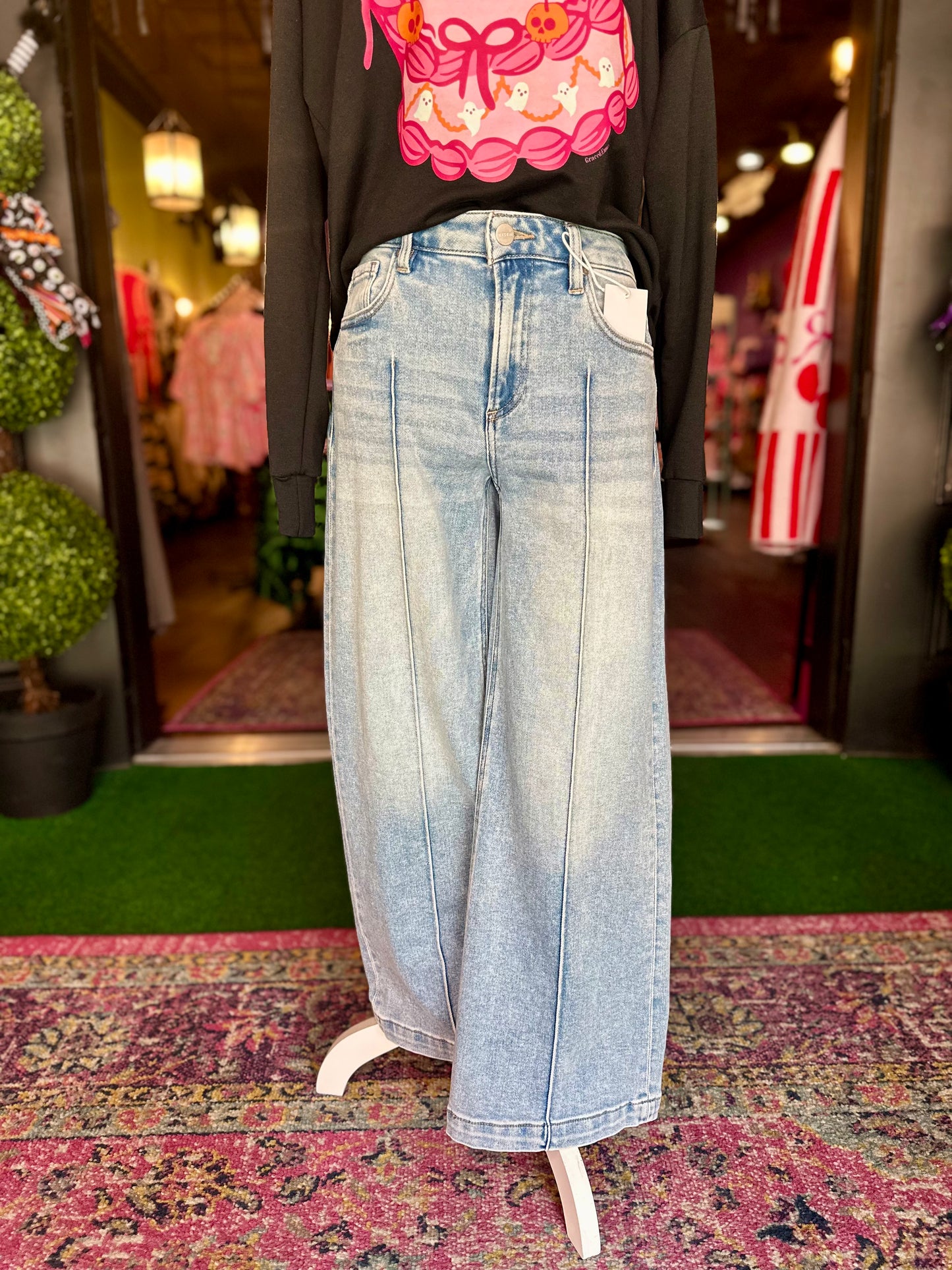 Risen Light Wash Mid Rise Cropped Wide Leg Jeans