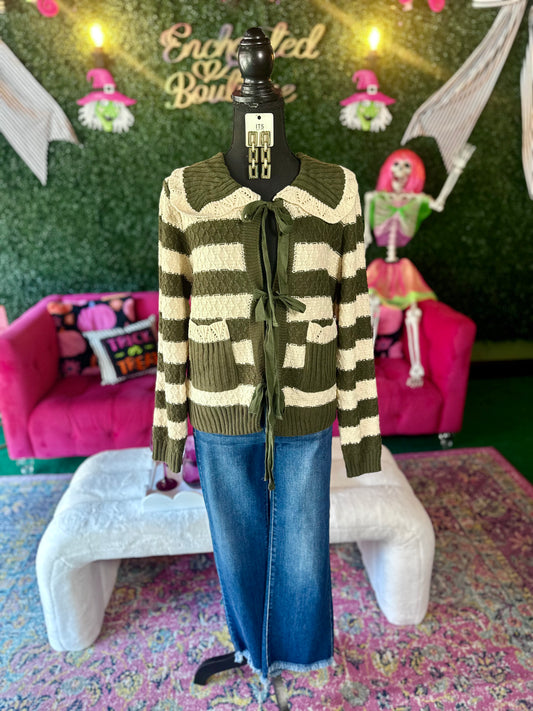 Dark Olive Striped Bow-Tie Cardigan