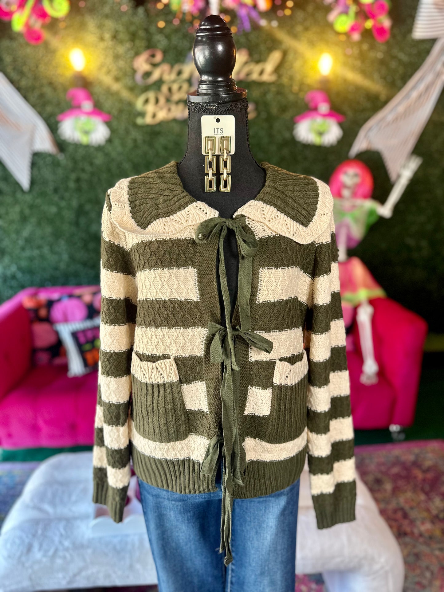 Dark Olive Striped Bow-Tie Cardigan