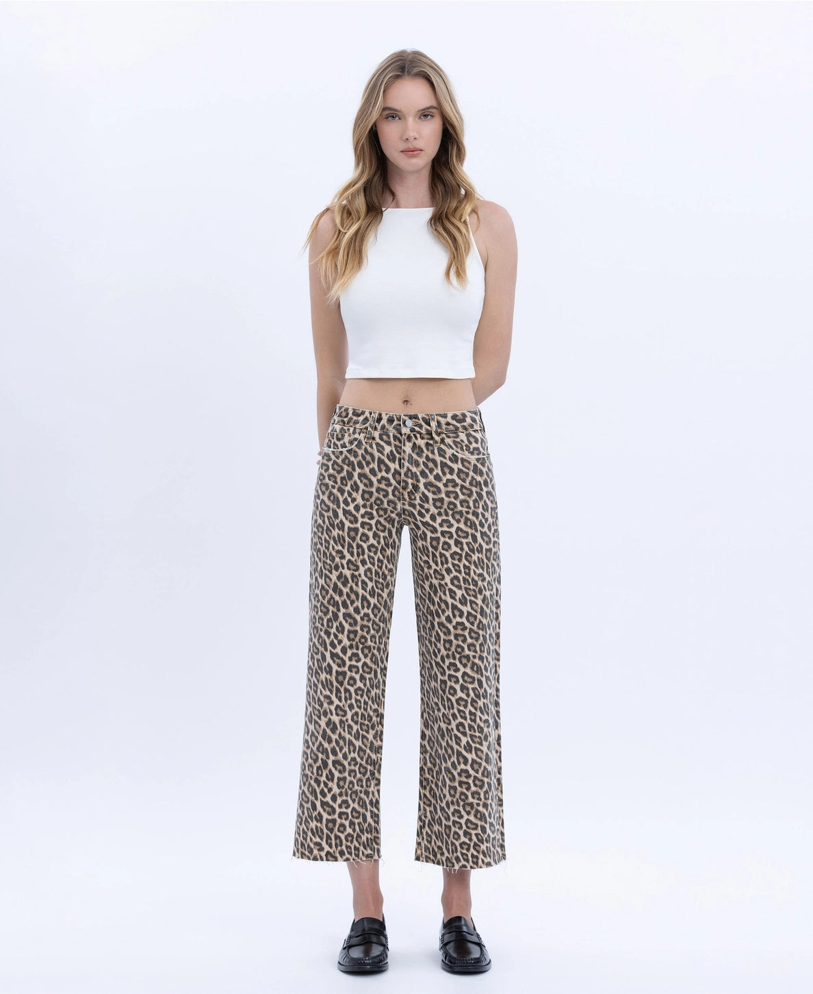 Vervet High Rise Leopard Print Cropped Wide Leg Jeans