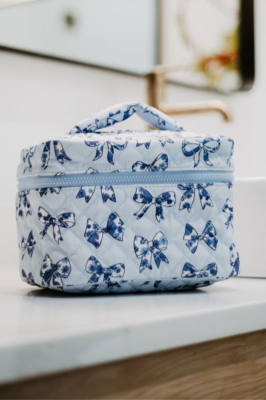 Light Blue Toile Coquette Bows Makeup Bag