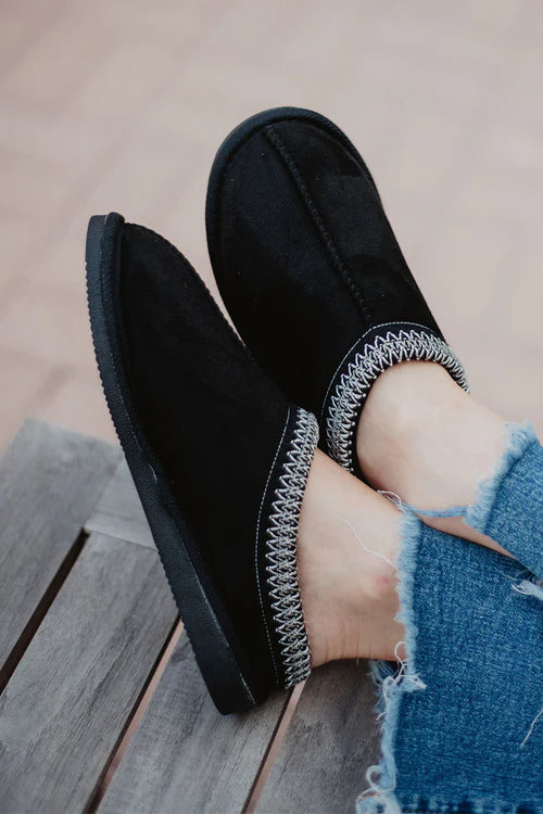 Black Embroidered Slip-On House Shoes