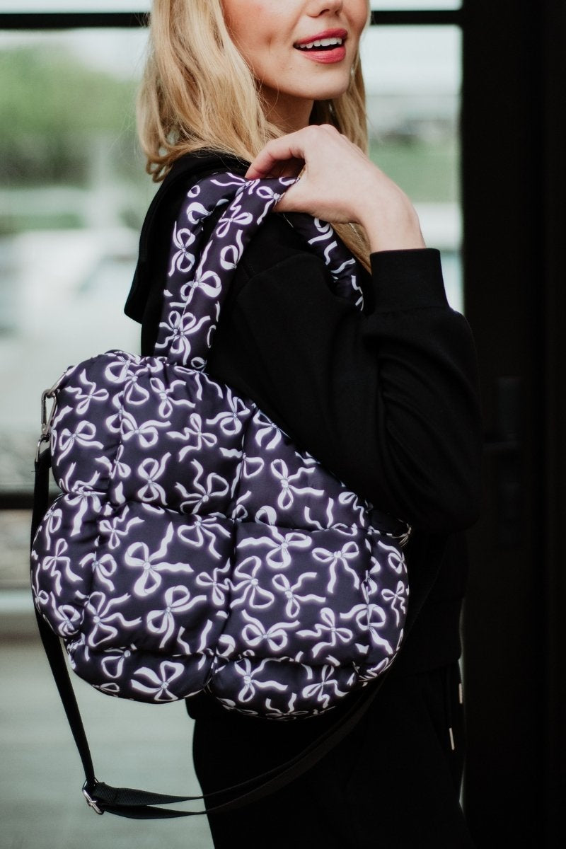 Black Bow Print Puffer Tote