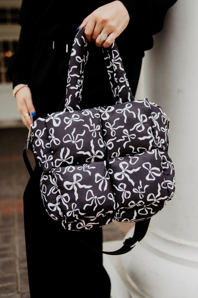 Black Bow Print Puffer Tote