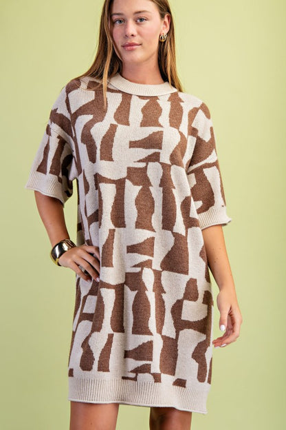 Short Sleeve Geometric Print Sweater Dress